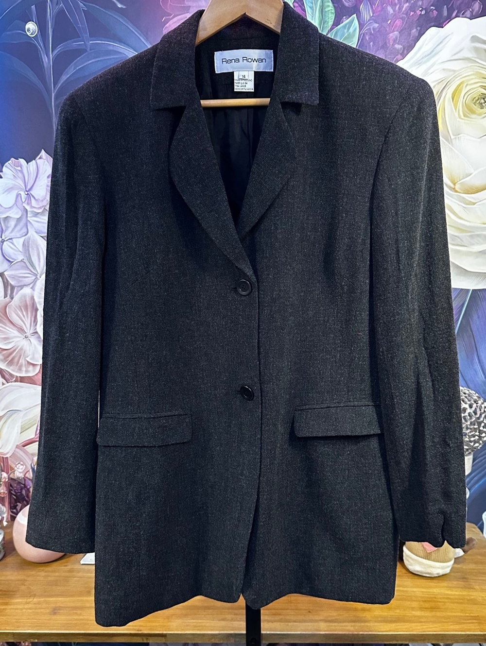 Rena Rowan 14 Charcoal Blazer Lined Flap Pockets Classic Office Siren Minimalist